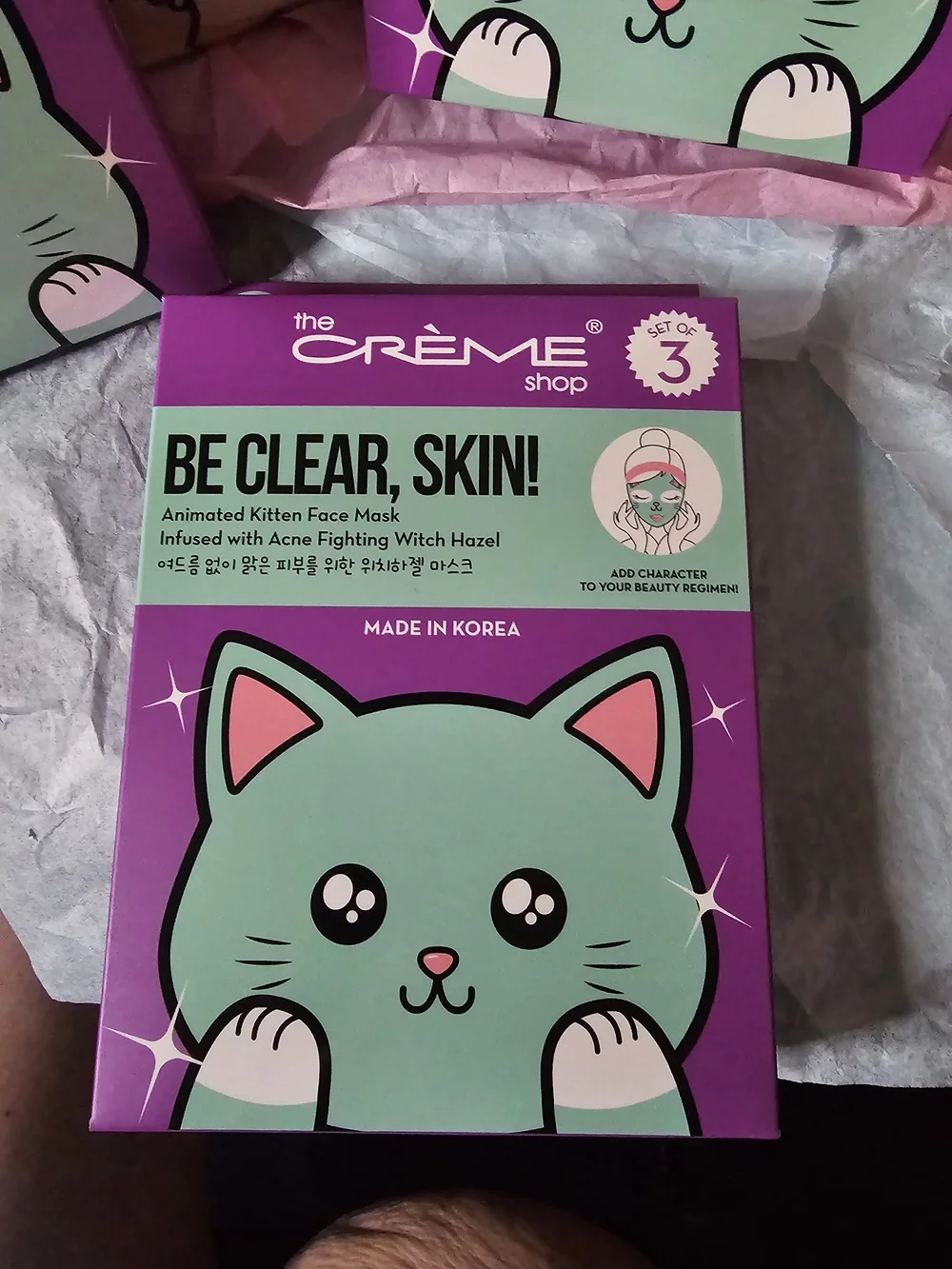 Be Clear, Skin! Animated Kitten Face Mask – Pink & Mint